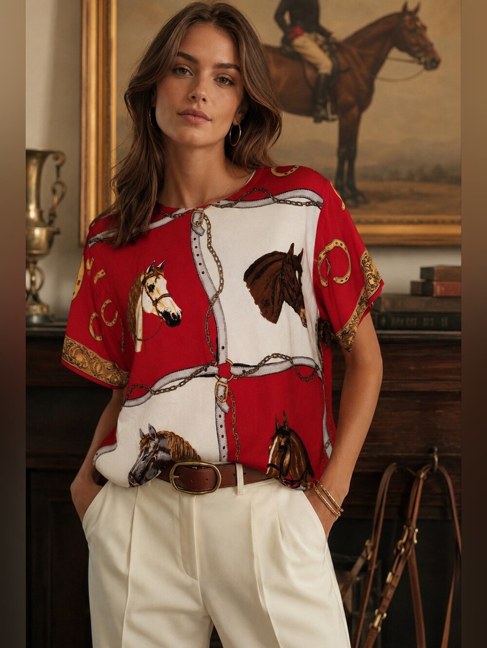 Vintage Jeffry Collection Equestrian Horse Scarf Print Blouse Red Gold Large